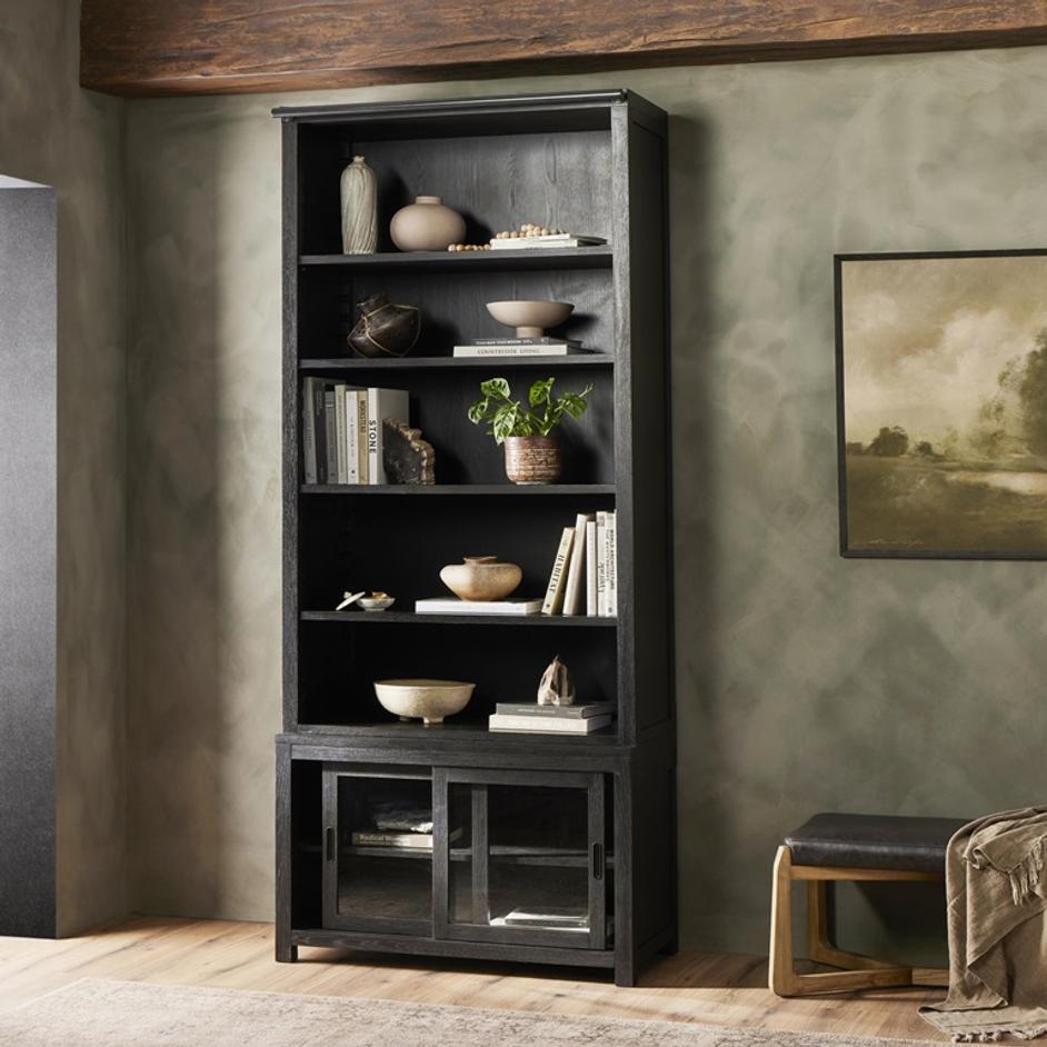 Admont Bookcase In Worn Black Veneer by FOUR HANDS