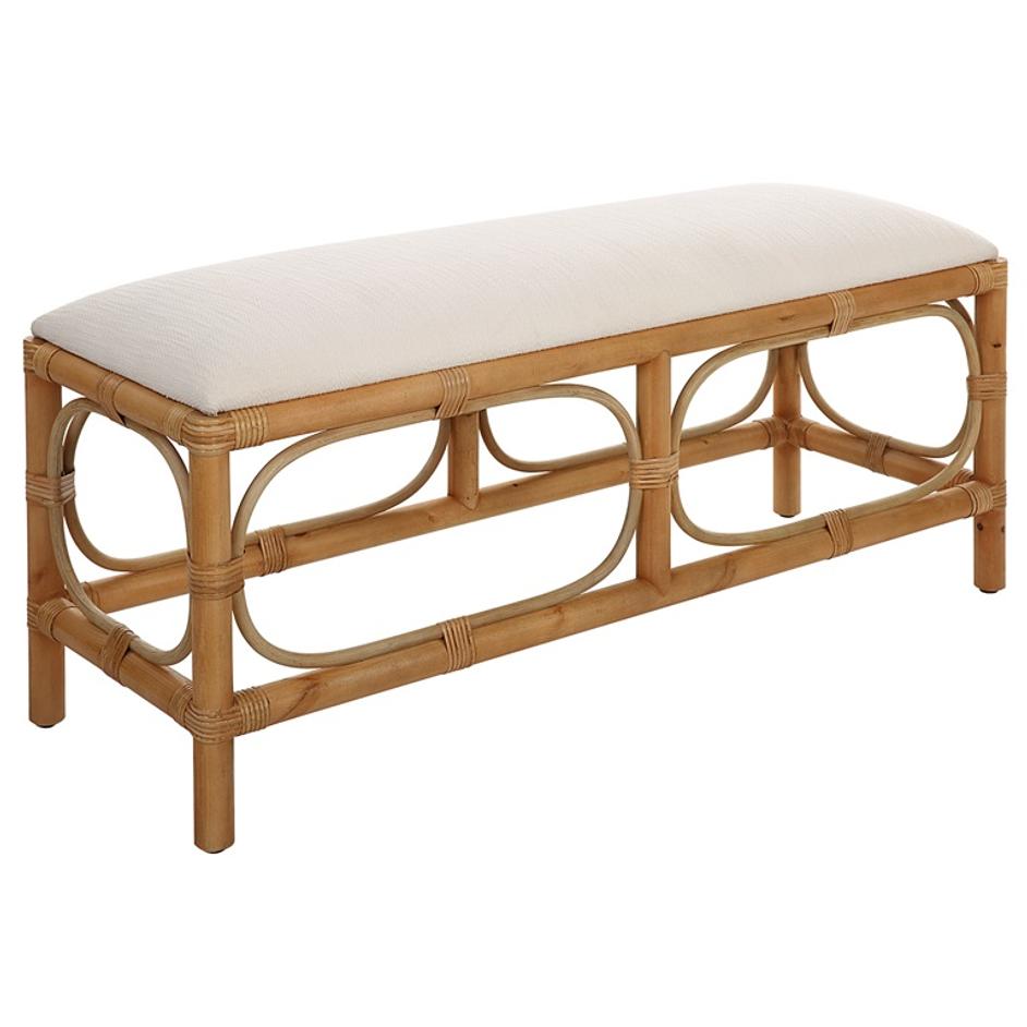 Laguna White Fabric Rattan Bench by Uttermost