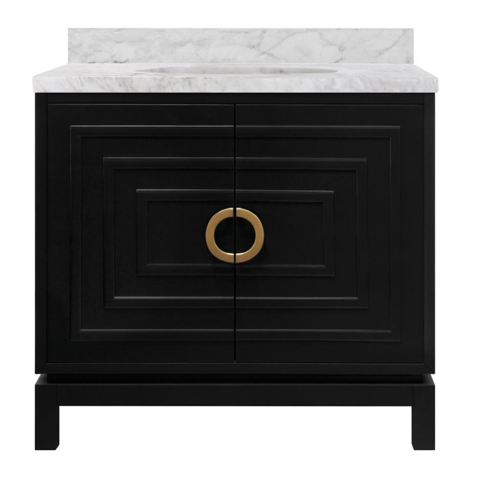 BATH VANITY IN MATTE BLACK LACQUER WITH ANTIQUE BRASS CIRCLE HARDWARE, WHITE MARBLE TOP, AND PORCELAIN SINK by worlds away