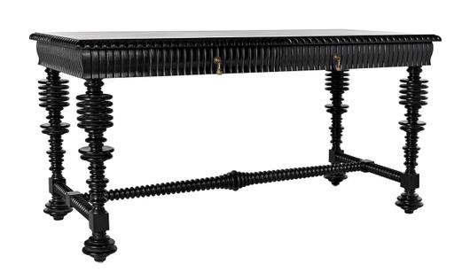 Portuguese Small Desk in Hand-Rubbed Black Mahogany with Brass Pulls by Noir Furniture