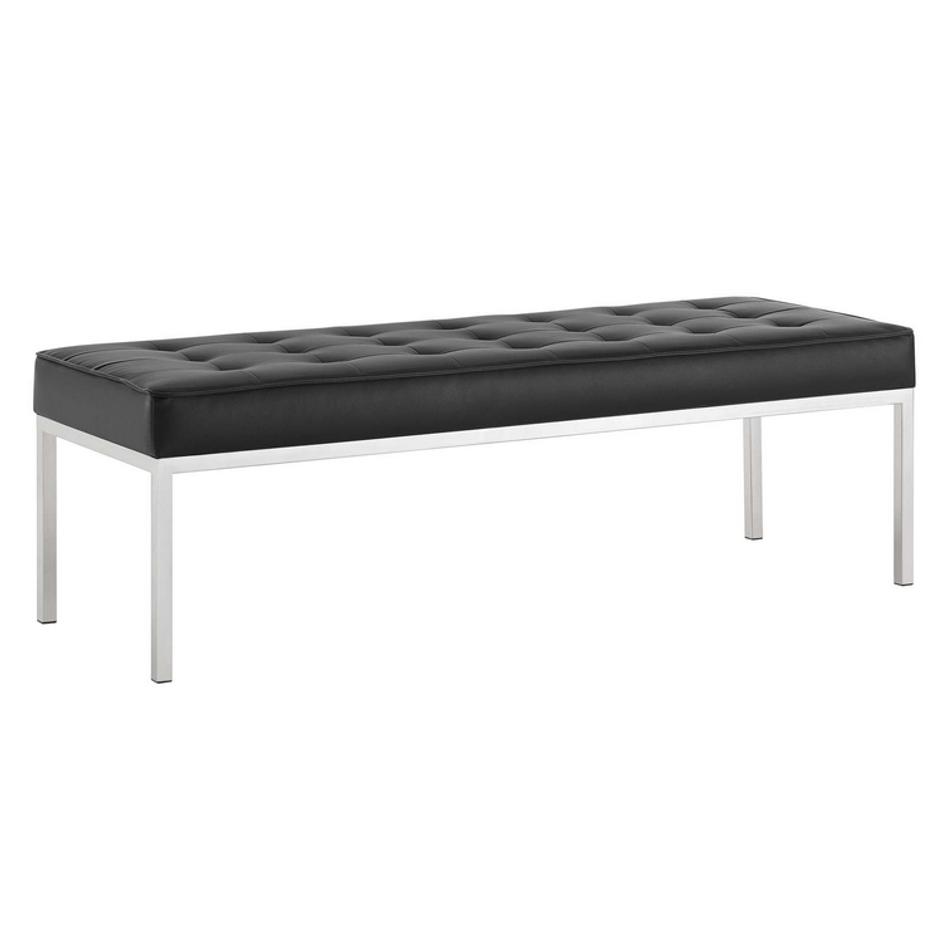 Garret Tufted Large Upholstered Faux Leather Bench In Silver Black by Modway Furniture