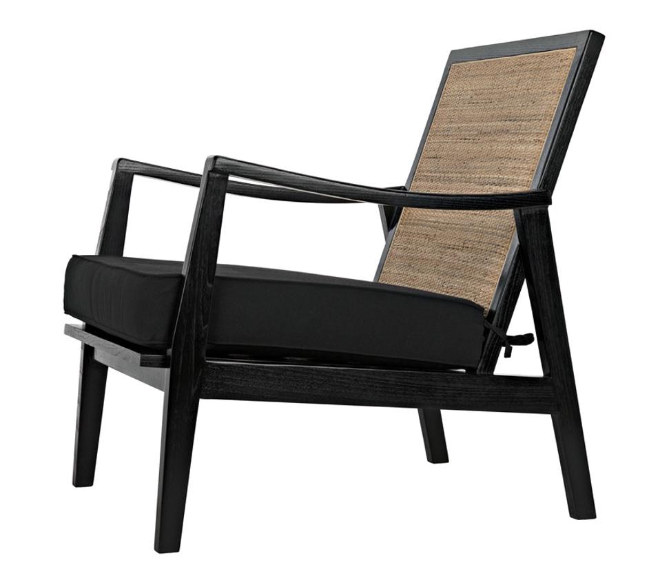Lichtenstein Sungkai and Mindi Wood Chair with Peeled Rattan Detailing in Charcoal Black with Black Cotton Upholstery by Noir Furniture