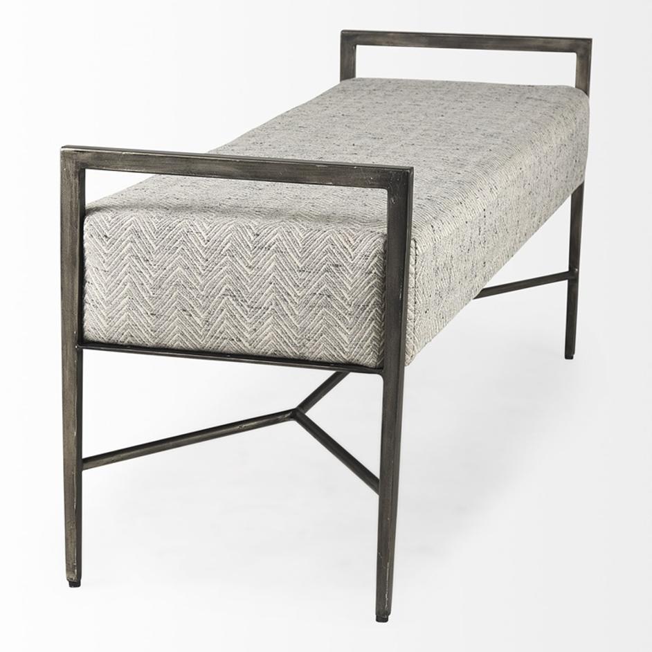 Charlotte  55.0L Gray Herringbone Fabric Seat w/ Antique Nickel Metal Frame Bench by Mercana