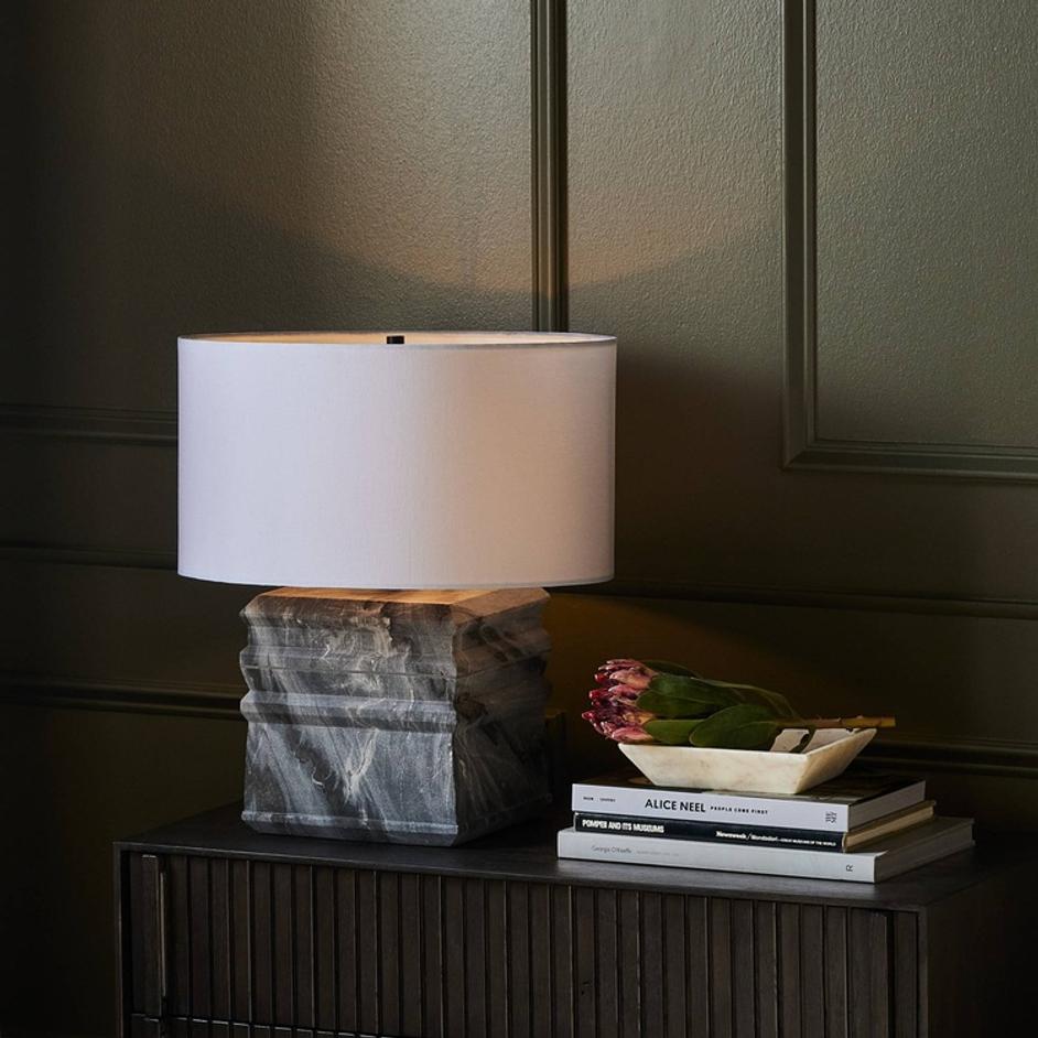 Cedric Table Lamp In Slate Grey Marble-Ivory Linen-Jet Black by Four Hands