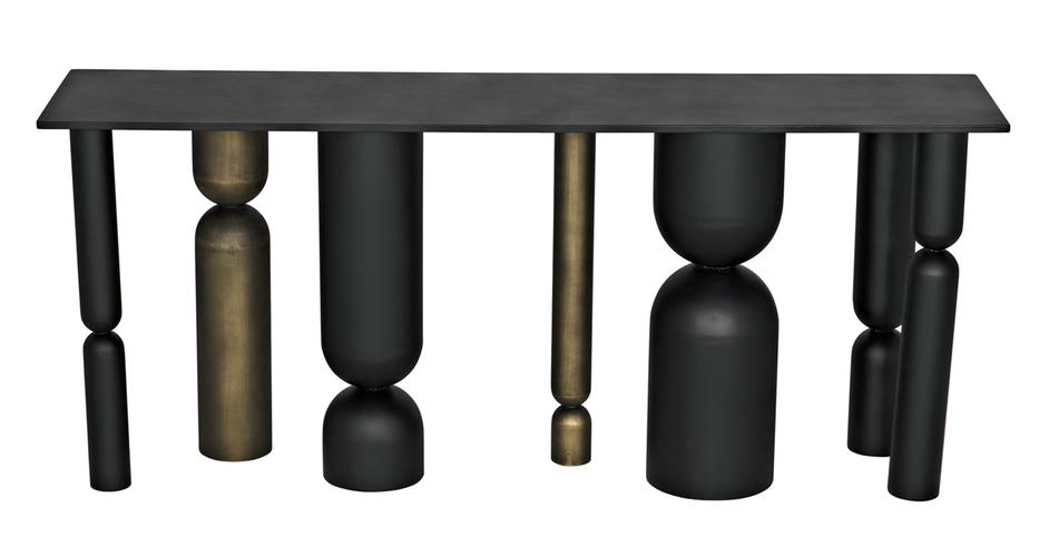 Figaro Console Table in Matte Black Industrial Steel with Aged Brass Accents by Noir Furniture