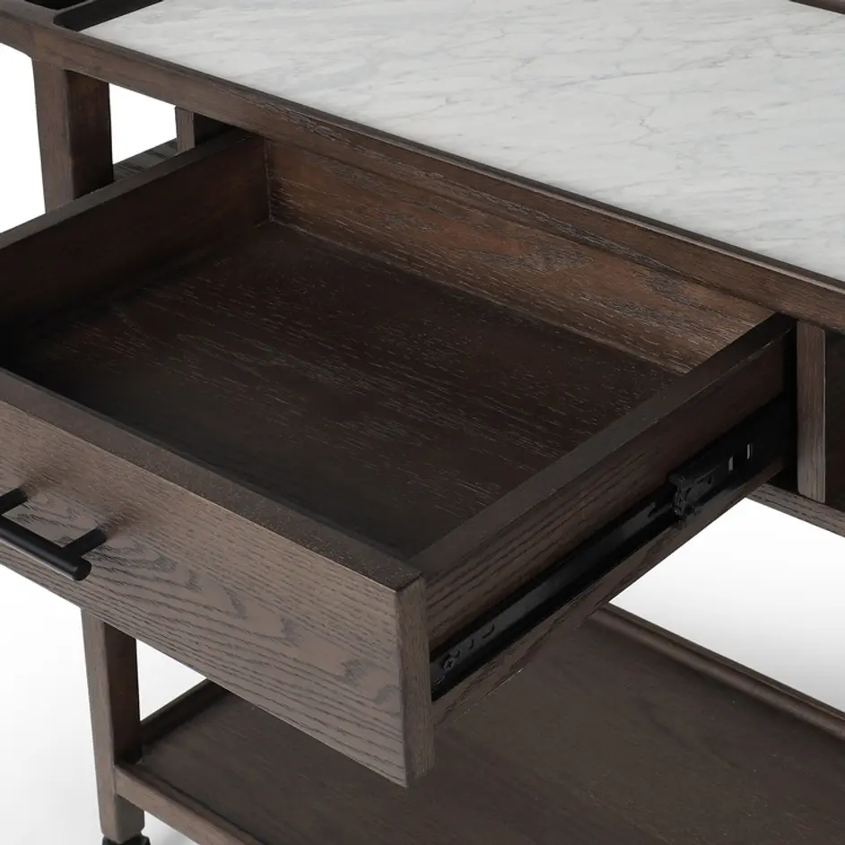 Dorrit Bar Cart In Brown Oak-Honed White Marble-Smooth Black Metal by Four Hands