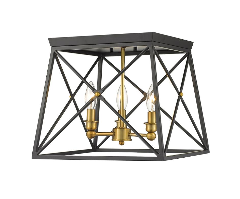 Trestle 3 Light Flush Mount in Matte Black + Olde Brass Finish by Z-Lite