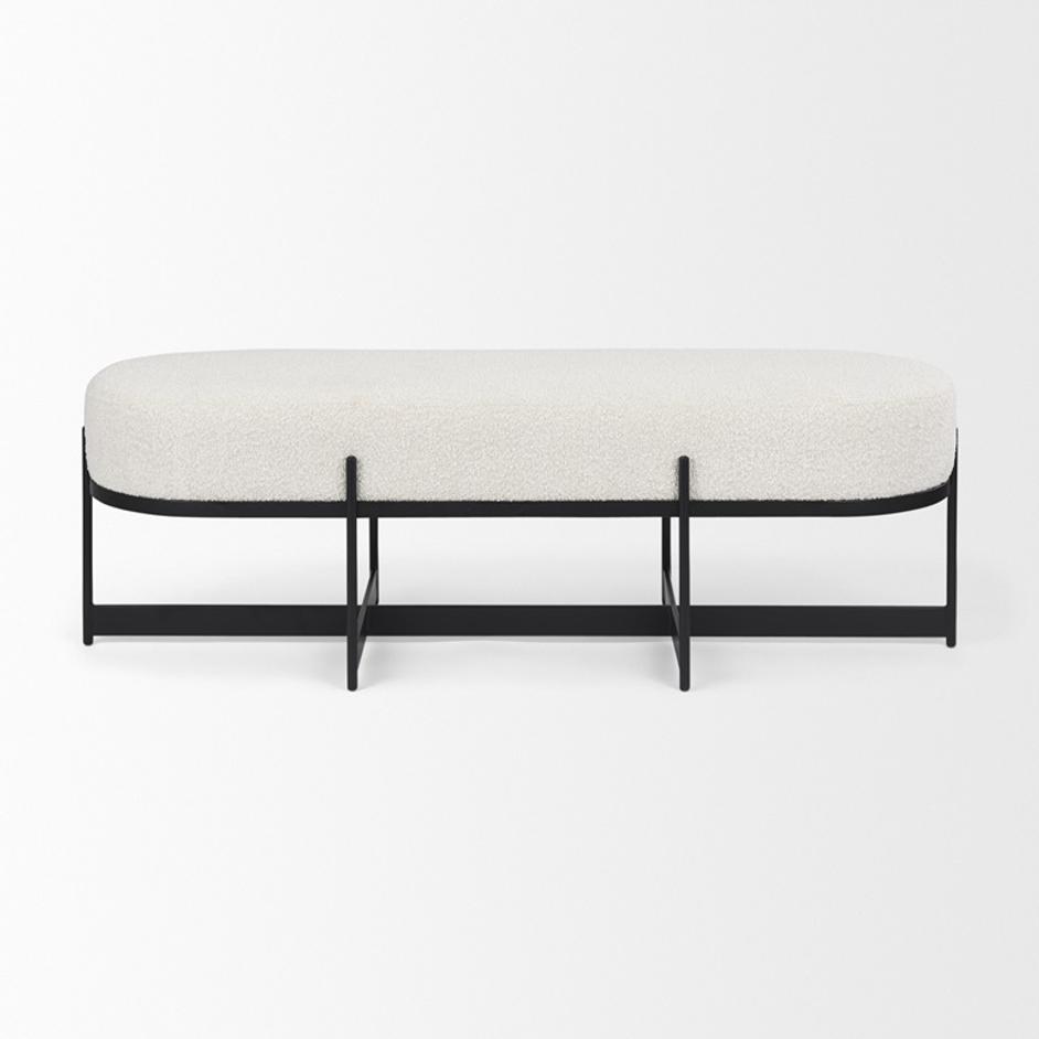 Amelia 55.0L x 18.0W x 18.0H Cream Boucle W/Black Metal Upholstered Bench by Mercana