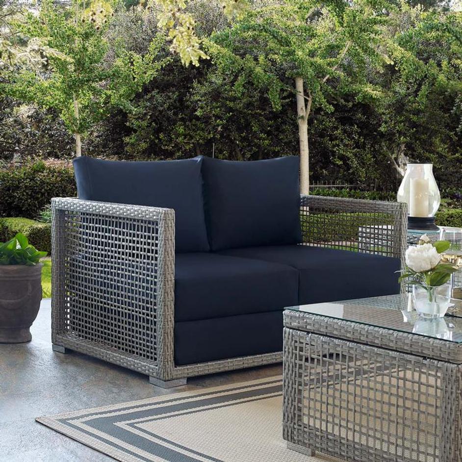 Harman Outdoor Patio Wicker Rattan Loveseat In Gray Navy by Modway Furniture