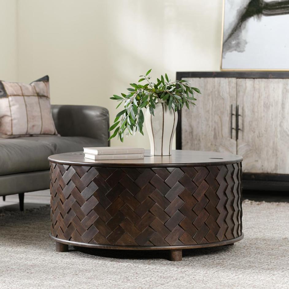 Shira Mango Wood 40" Round Storage Coffee Table Kona Brown by Classic Home