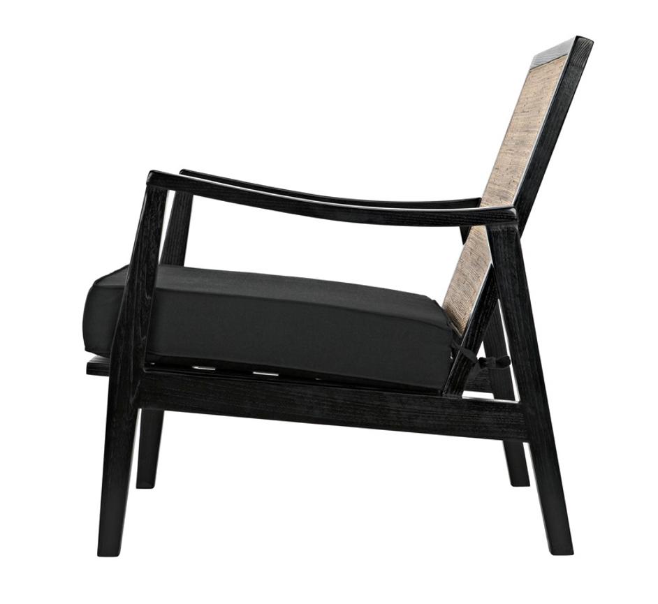 Lichtenstein Sungkai and Mindi Wood Chair with Peeled Rattan Detailing in Charcoal Black with Black Cotton Upholstery by Noir Furniture