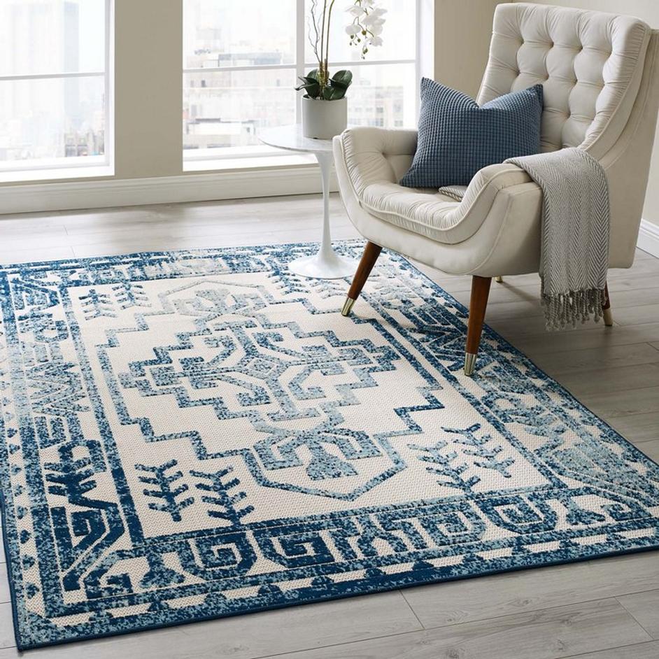 Burket Nyssa Distressed Geometric Southwestern Aztec 5X8 Indoor/Outdoor Area Rug In Ivory And Blue by Modway Furniture