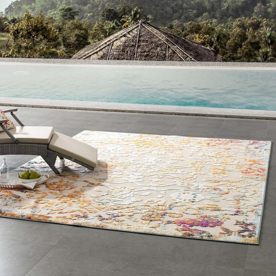 Burket Primrose Ornate Floral Lattice 8X10 Indoor/Outdoor Area Rug In Ivory,Light Blue,Multicolored by Modway Furniture