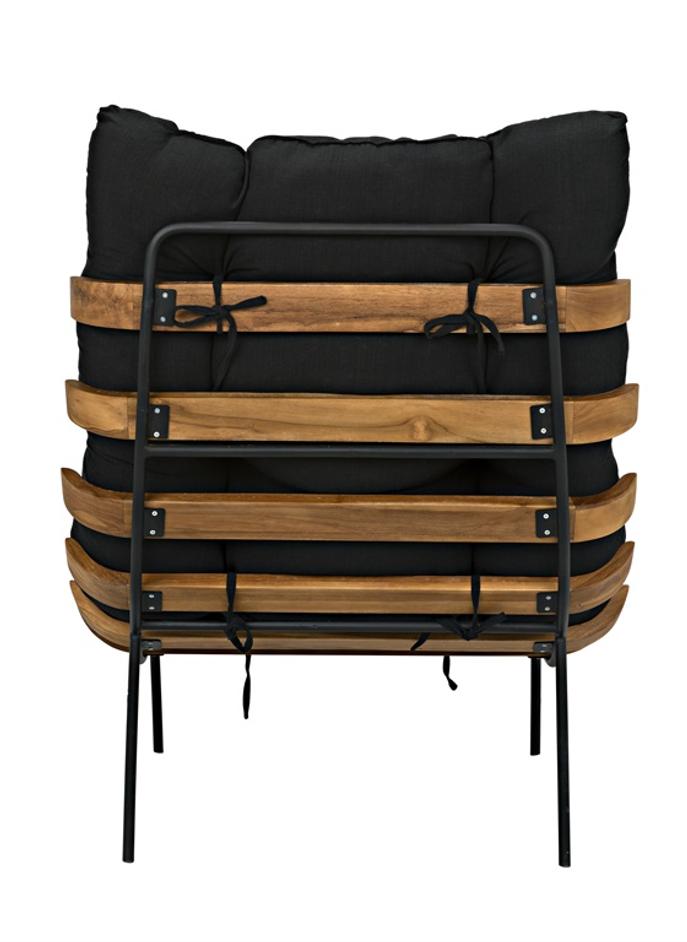 Hanzo Teak Chair with Industrial Steel Legs and Black Cotton Cushion, Satin Finish by Noir Furniture