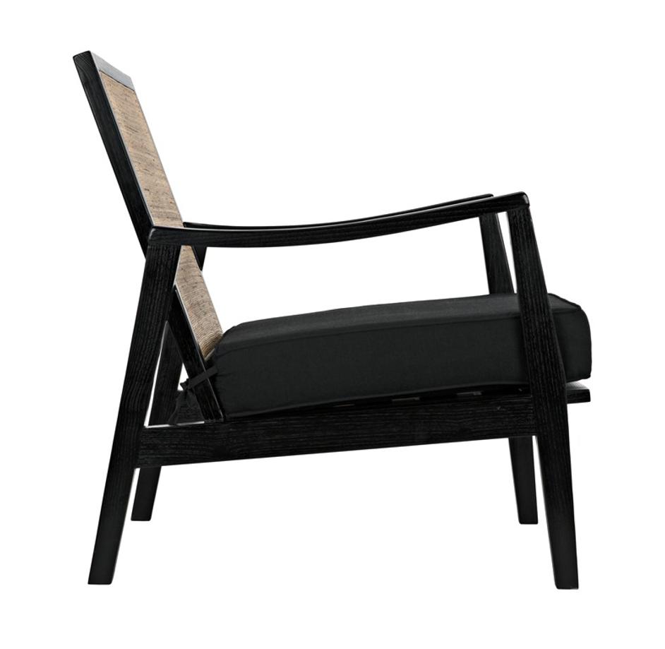 Lichtenstein Sungkai and Mindi Wood Chair with Peeled Rattan Detailing in Charcoal Black with Black Cotton Upholstery by Noir Furniture