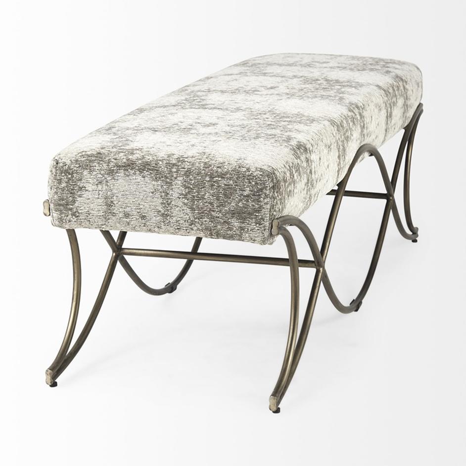 Ayla 55L x 17.6W x 18H Light and Dark Gray Fabric Seat W/ Antique Gold Metal Frame Bench by Mercana