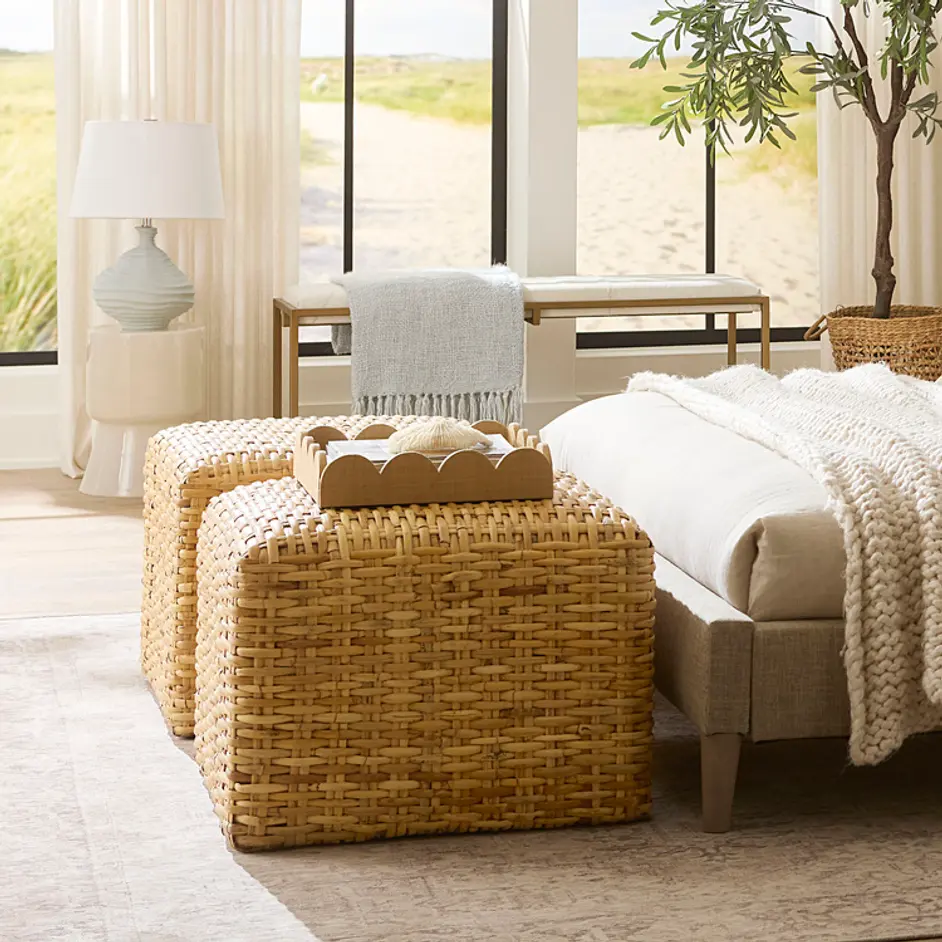 Hand-woven Natural Rattan Large Ottoman by Jamie Young