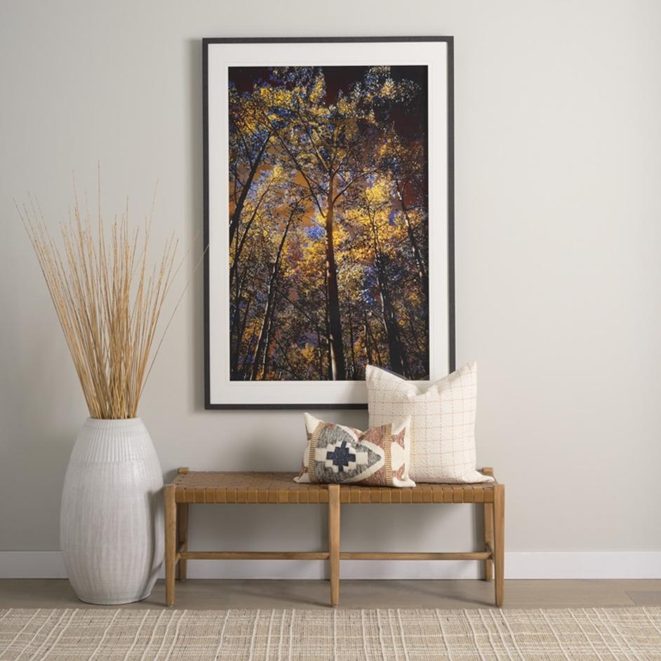 Shane Brown Wood w/ Woven Brown Leather Bench by Mercana