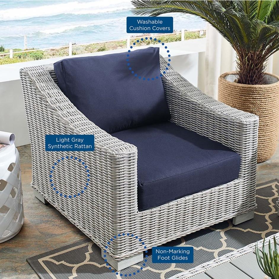 Rosie Sunbrella® Outdoor Patio Wicker Rattan 2-Piece Armchair And Ottoman Set In Light Gray Navy by Modway Furniture