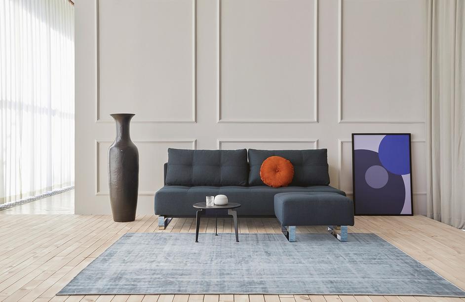 SUPREMAX D.E.L. SLEEPER SOFA in MIXED DANCE BLUE FABRIC WITH Chrome legs 528 by INNOVATION USA