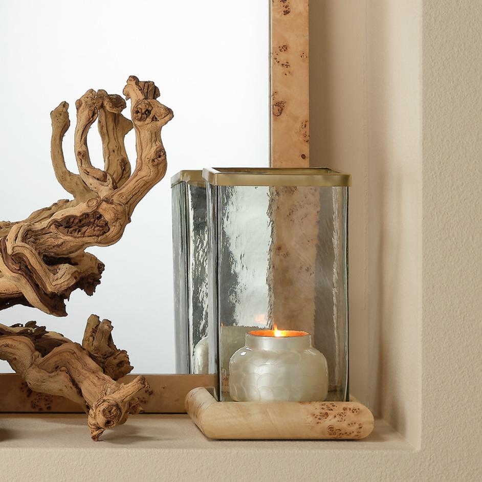 Rhine Burl Wood and Glass Hurricane  by Jamie Young