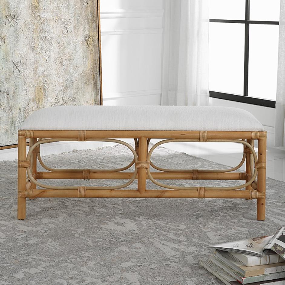 Laguna White Fabric Rattan Bench by Uttermost