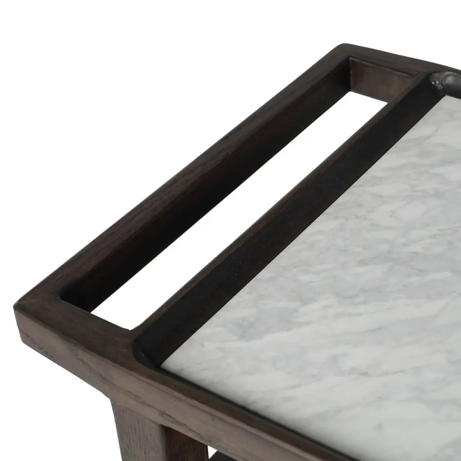 Dorrit Bar Cart In Brown Oak-Honed White Marble-Smooth Black Metal by Four Hands