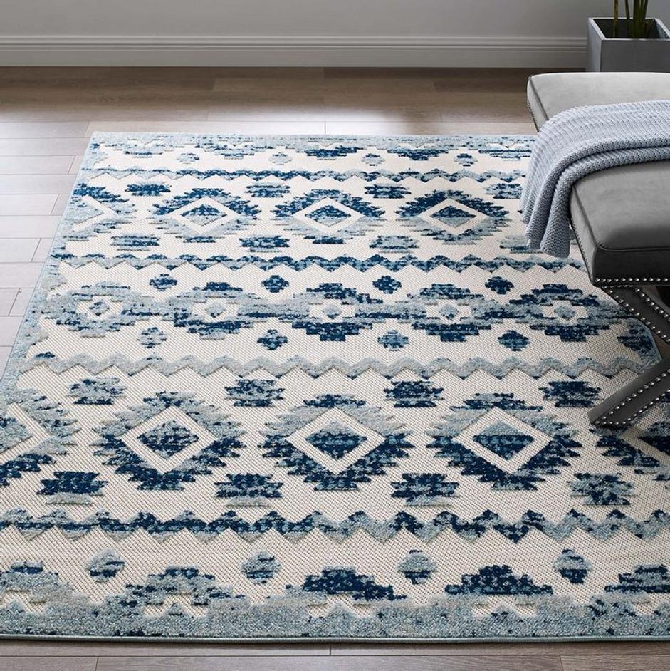 Burket Takara Abstract Diamond Moroccan Trellis 5X8 Indoor And Outdoor Area Rug In Ivory And Blue by Modway Furniture