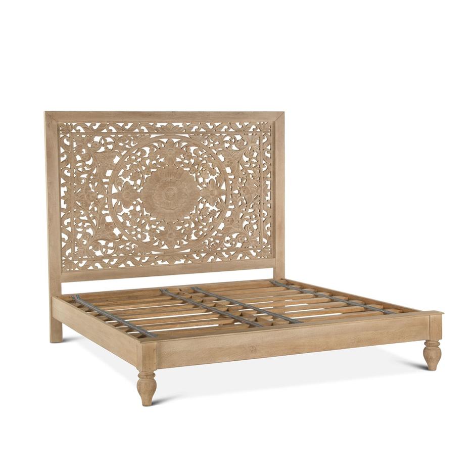 Taj Mango Wood Queen Bed in Natural Whitewash Finish by Home Trends & Design