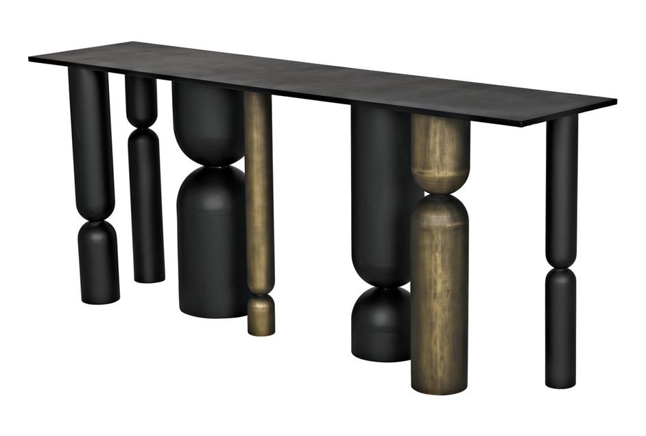 Figaro Console Table in Matte Black Industrial Steel with Aged Brass Accents by Noir Furniture