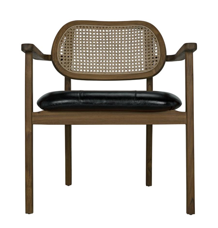 Tolka Teak Chair with Black Leather and Caning, Clear Coat Flat Finish by Noir Furniture
