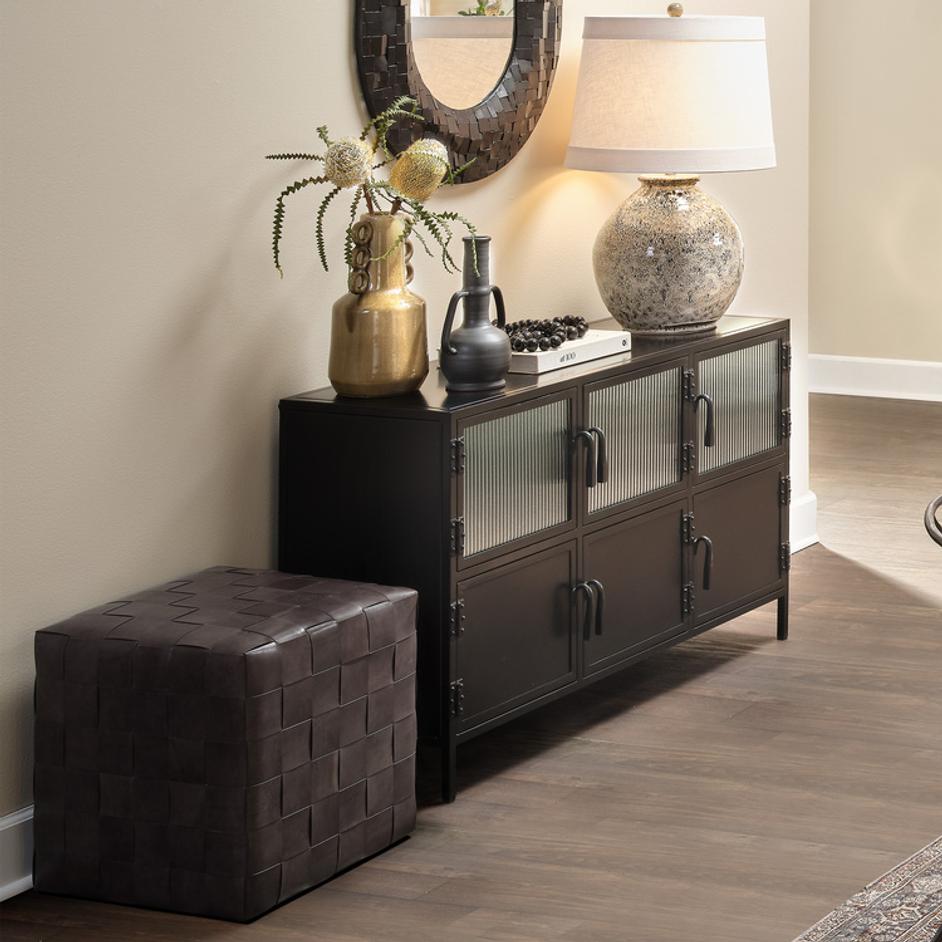 Woven Leather Ottoman, Dark Grey by Jamie Young