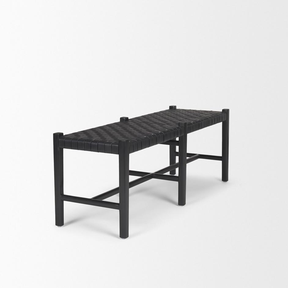 Shane Black Wood w/ Woven Black Leather Bench by Mercana
