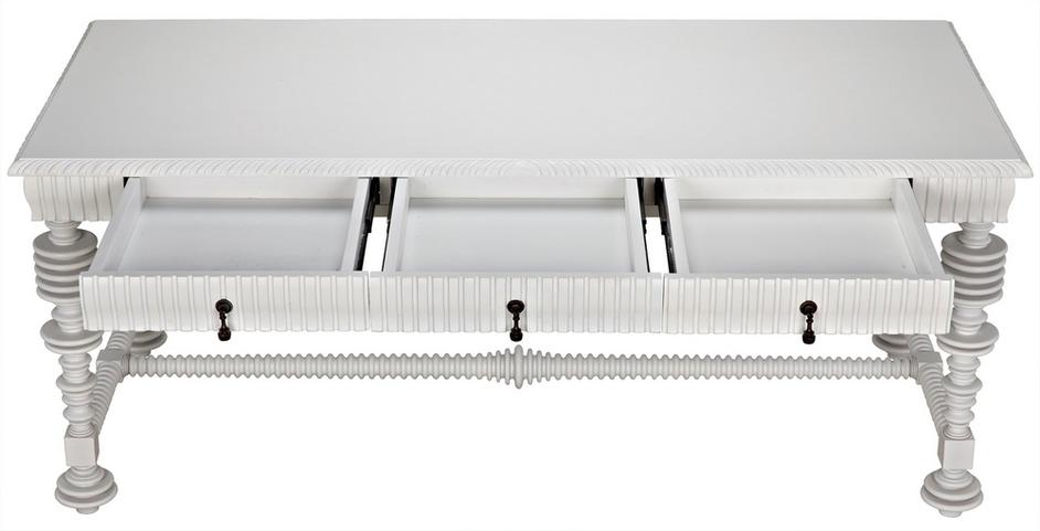 Portuguese Desk in Solid White Mahogany and Veneer with Brass Pulls by Noir Furniture