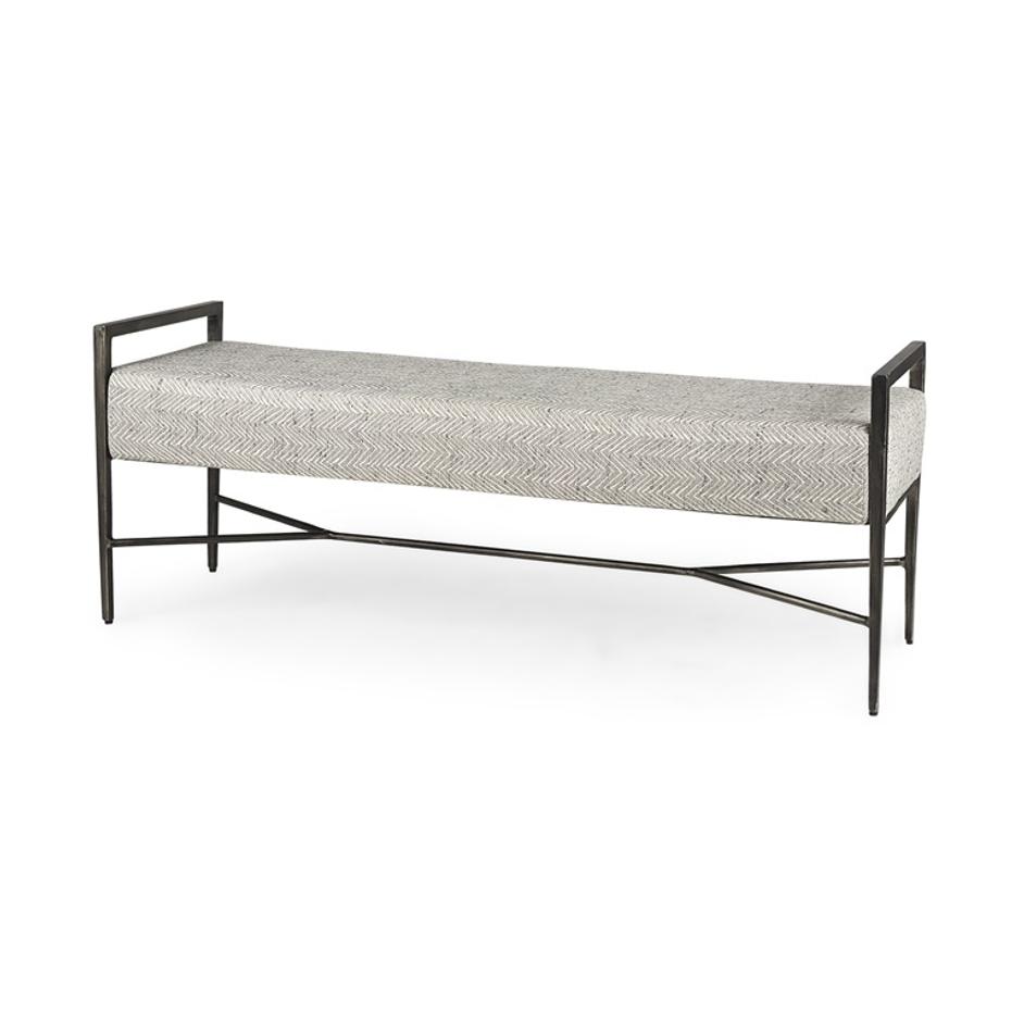 Charlotte  55.0L Gray Herringbone Fabric Seat w/ Antique Nickel Metal Frame Bench by Mercana