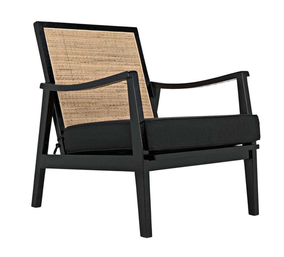 Lichtenstein Sungkai and Mindi Wood Chair with Peeled Rattan Detailing in Charcoal Black with Black Cotton Upholstery by Noir Furniture