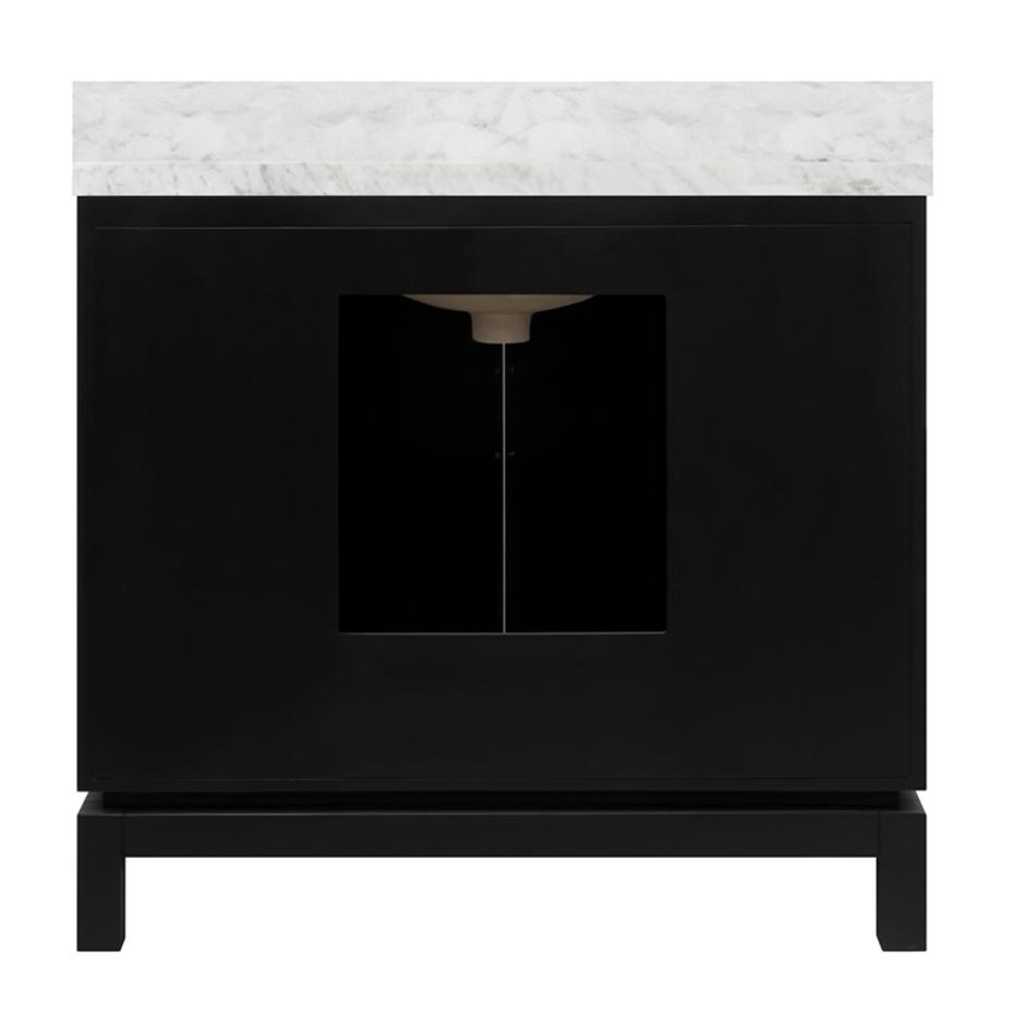 BATH VANITY IN MATTE BLACK LACQUER WITH ANTIQUE BRASS CIRCLE HARDWARE, WHITE MARBLE TOP, AND PORCELAIN SINK by worlds away