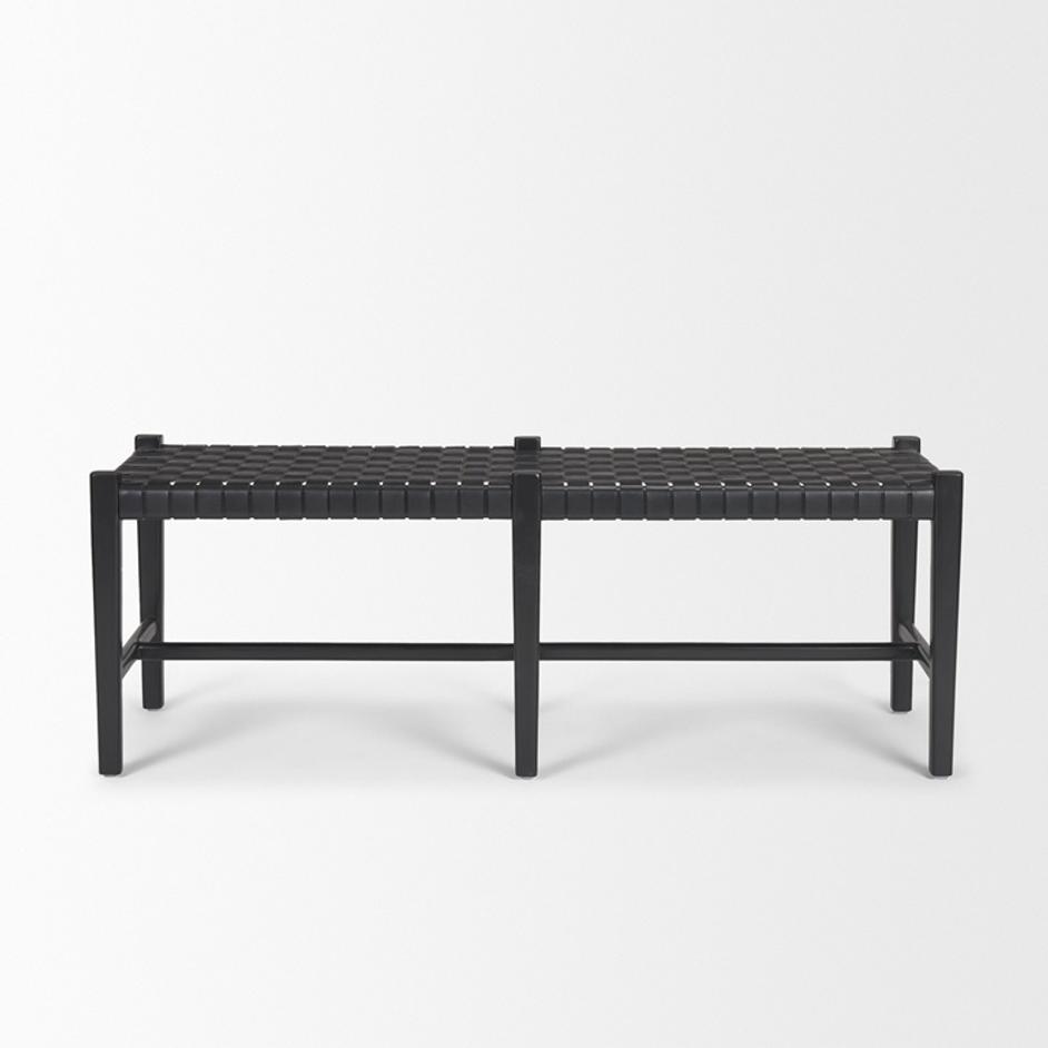 Shane Black Wood w/ Woven Black Leather Bench by Mercana