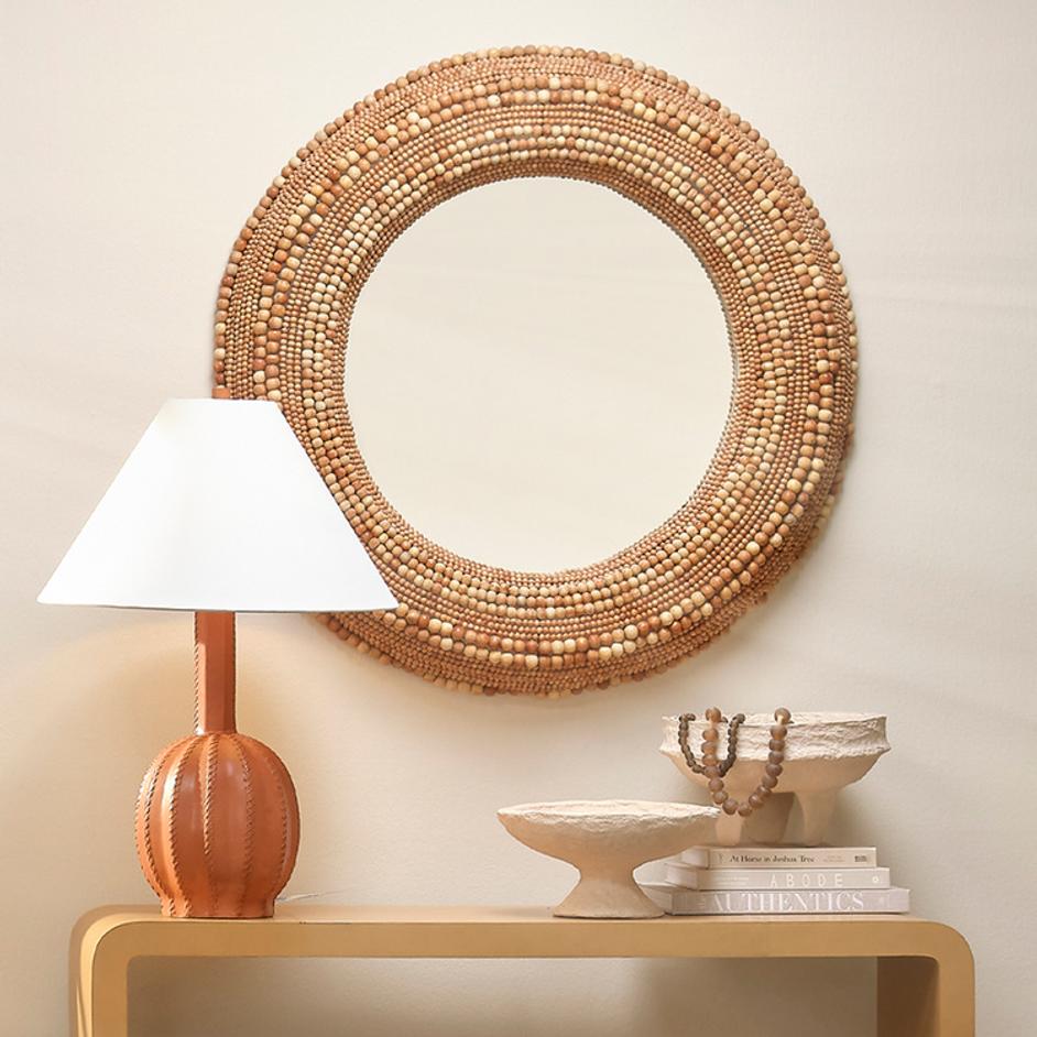 Strand Wood Beaded Round Wall Mirror, Natural by Jamie Young