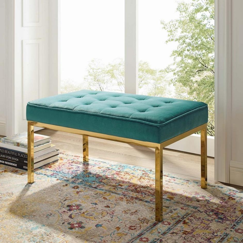 Garret Gold Stainless Steel Leg Medium Performance Velvet Bench In Gold Teal by Modway Furniture