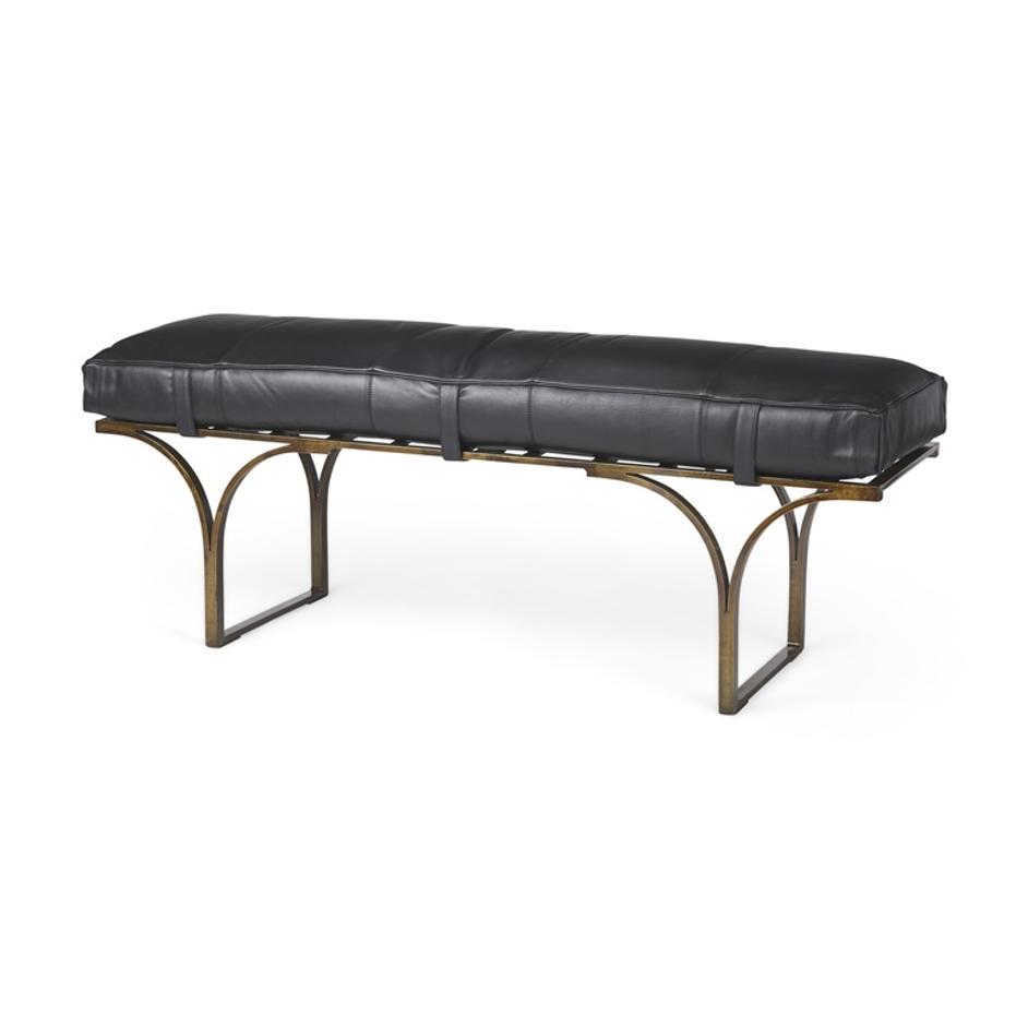 Jessie 55L x 16W Black Leather Seat W/Gold Metal Base Accent Bench by Mercana