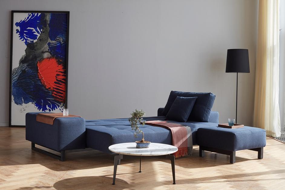 GRAND D.E.L. SLEEPER SOFA in MIXED DANCE BLUE FABRIC WITH Black wood LEGS 528 by INNOVATION USA