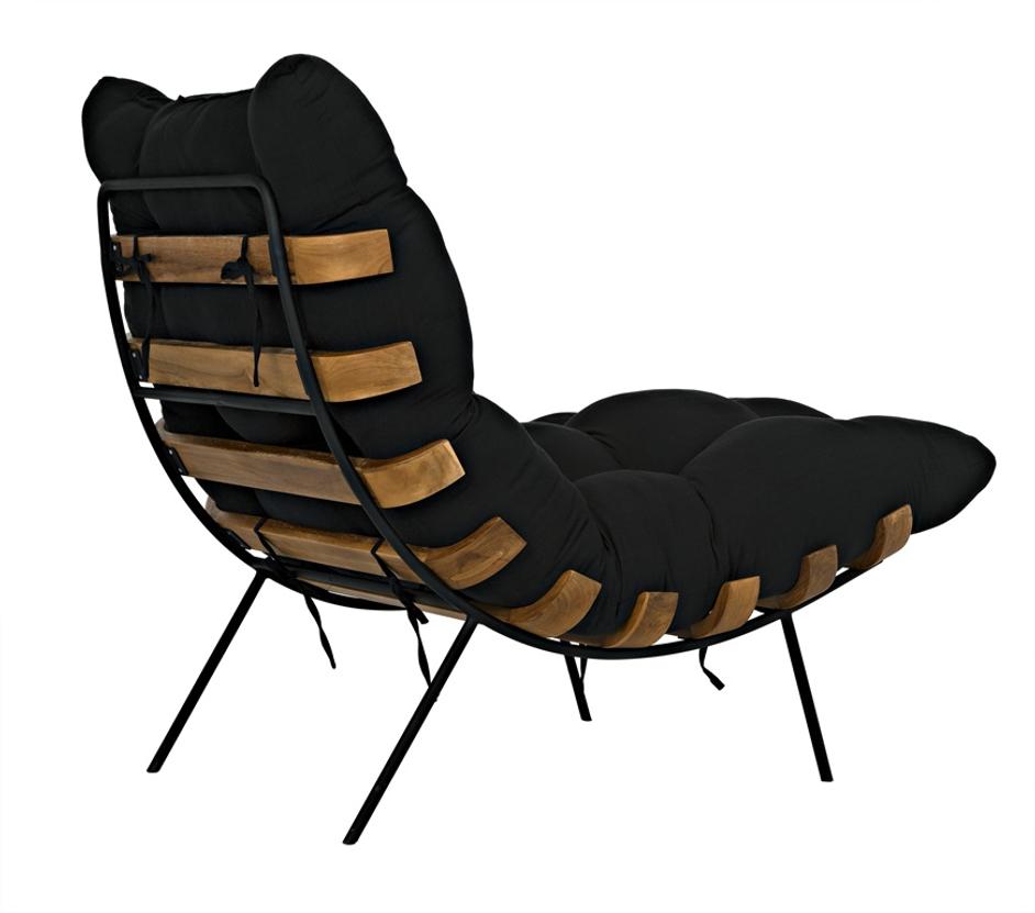Hanzo Teak Chair with Industrial Steel Legs and Black Cotton Cushion, Satin Finish by Noir Furniture