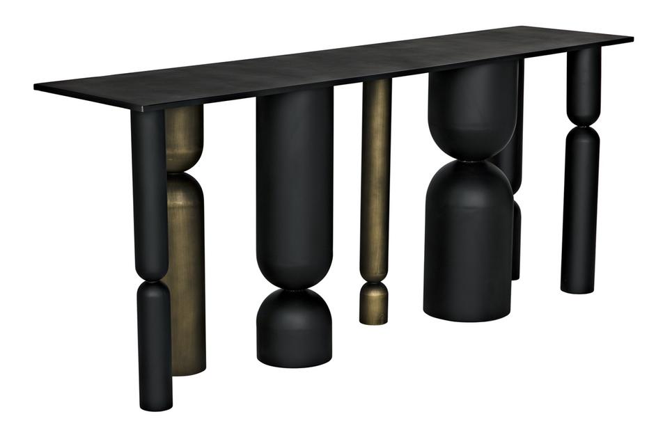 Figaro Console Table in Matte Black Industrial Steel with Aged Brass Accents by Noir Furniture