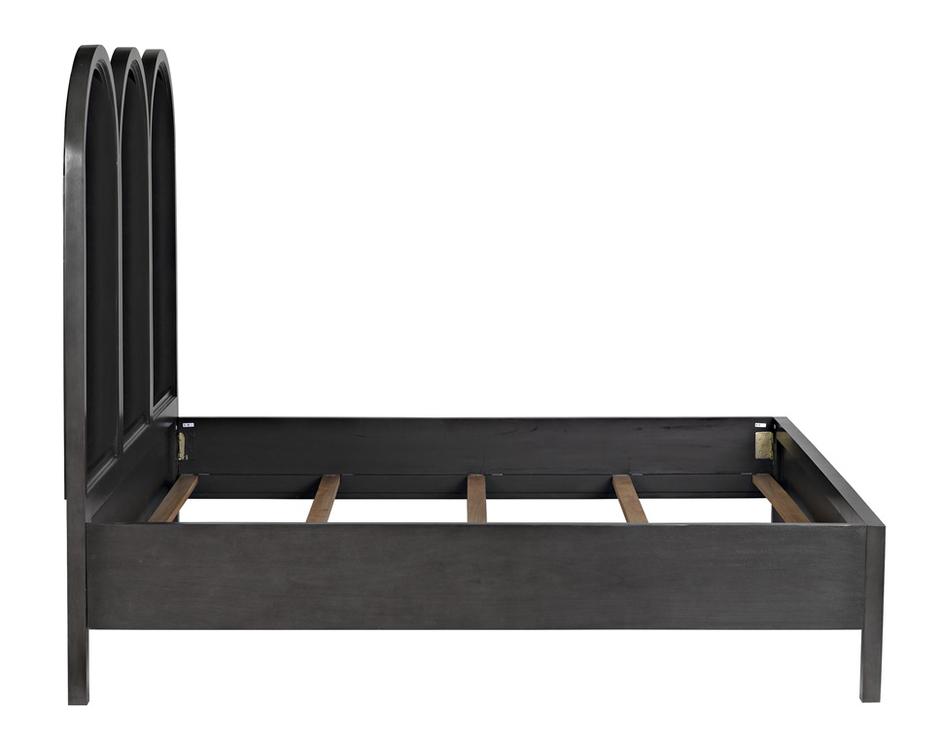 Arch Eastern King Bed in Pale Mahogany with Black Cotton Upholstery and Brass Nailhead Accents by Noir Furniture