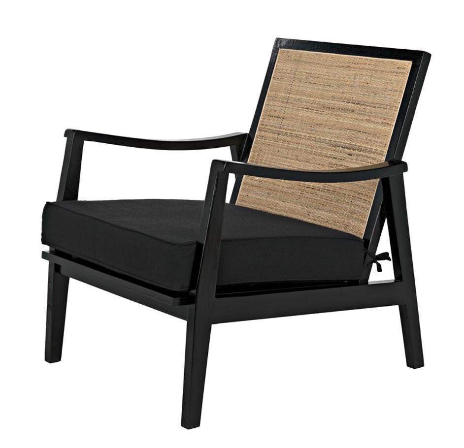 Lichtenstein Sungkai and Mindi Wood Chair with Peeled Rattan Detailing in Charcoal Black with Black Cotton Upholstery by Noir Furniture