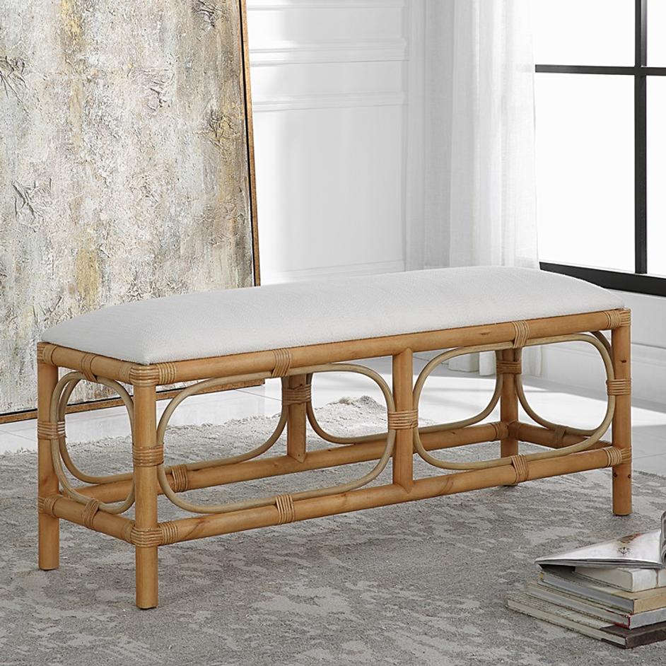Laguna White Fabric Rattan Bench by Uttermost