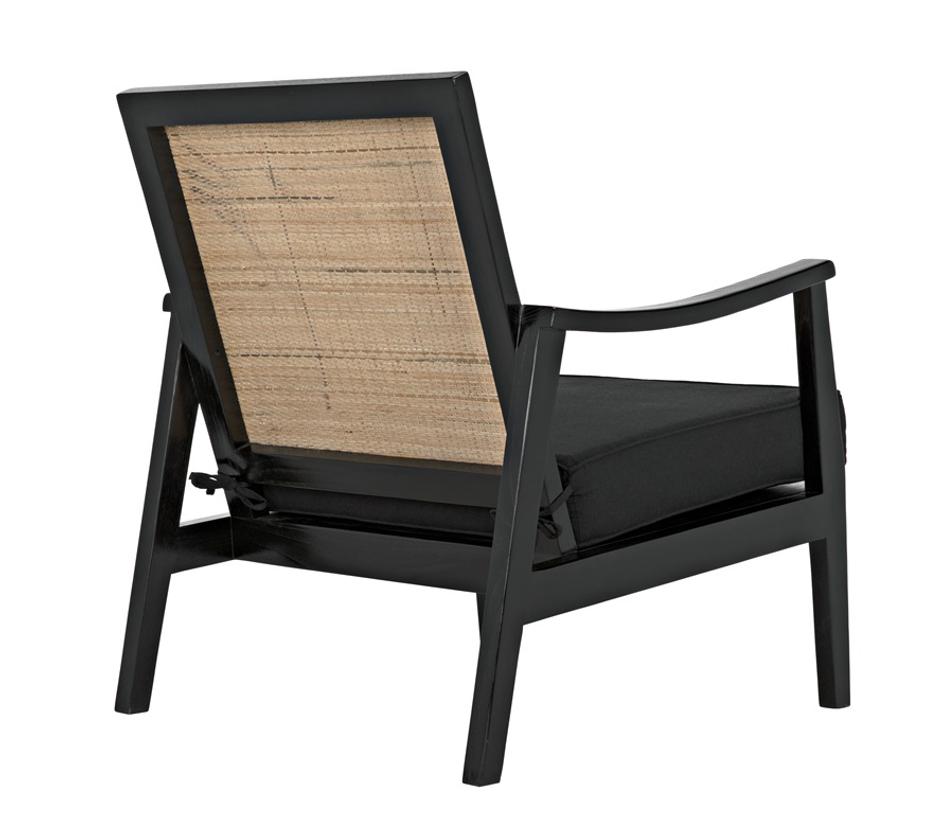 Lichtenstein Sungkai and Mindi Wood Chair with Peeled Rattan Detailing in Charcoal Black with Black Cotton Upholstery by Noir Furniture