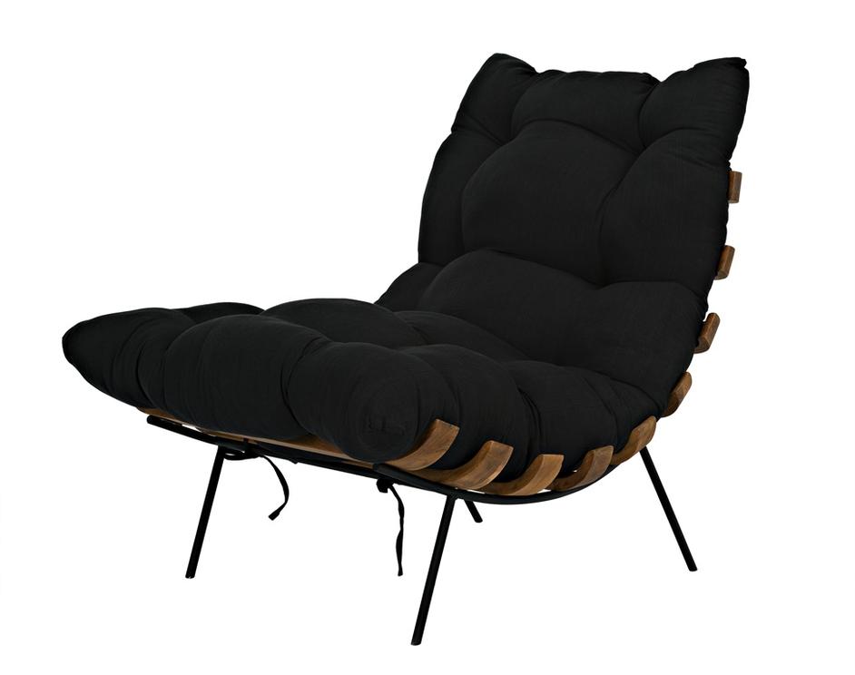 Hanzo Teak Chair with Industrial Steel Legs and Black Cotton Cushion, Satin Finish by Noir Furniture
