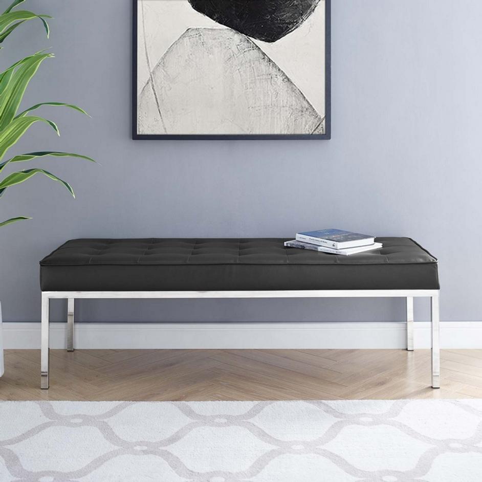 Garret Tufted Large Upholstered Faux Leather Bench In Silver Black by Modway Furniture